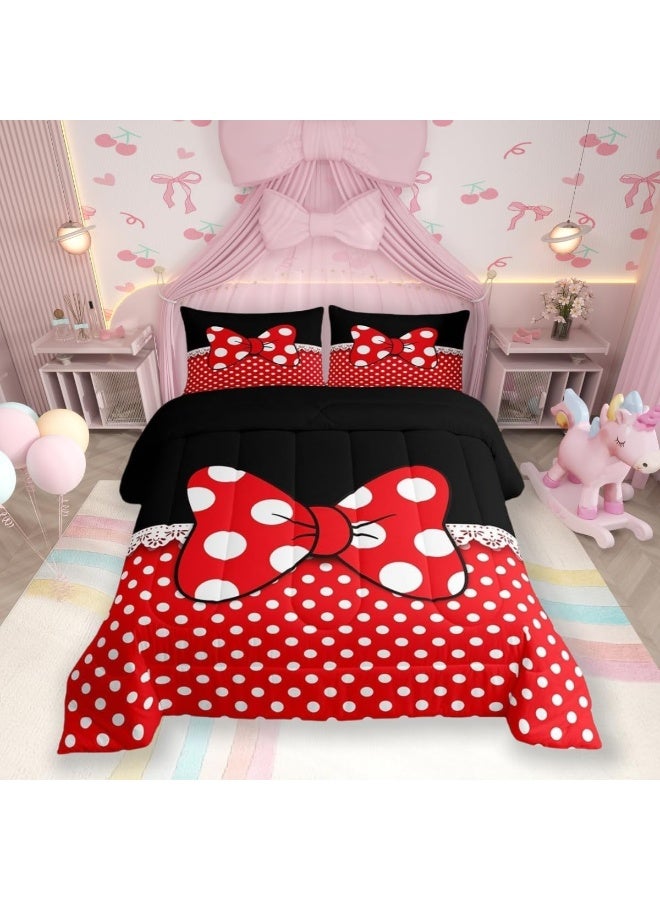 Homewish Bowknot Comforter Set Twin Size, White Dots Bedding Set 2pcs for Kids Teens Girls Boys Room Decor, Romantic Princess Style Quilt Set Red and Black Duvet Insert with 1 Pillowcase - Image 1